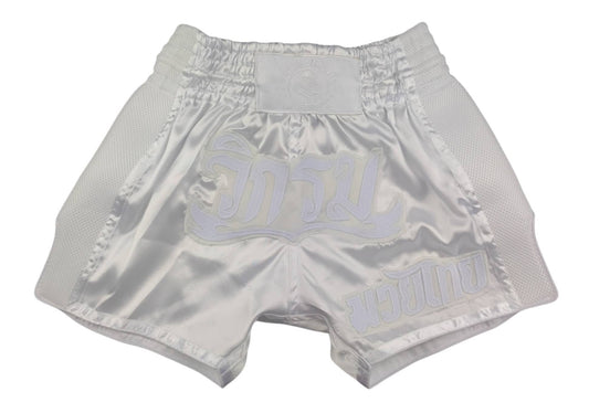 Satin Muay thai boxing shorts all white Wik-Rom brand  (5% of price is for charity & solidarity ) Made in Thailand